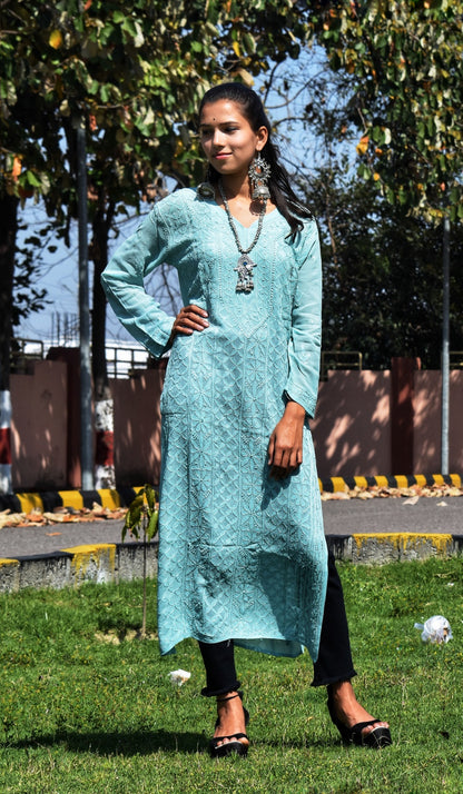 Women Viscose Chikankari Long  kurti