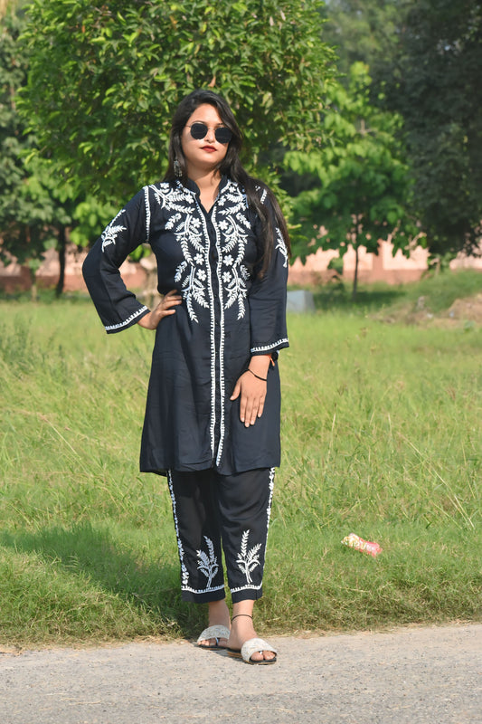 Samma Modal Chikankari Co-ord Set Black