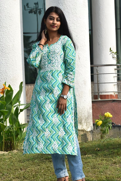 Asma Zigzag Laheriya Cotton Chikankari Kurti - ROYAL CHIKAN CREATION™