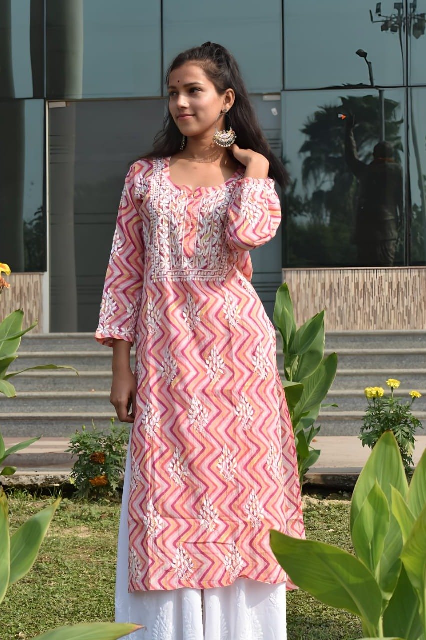 Asma Zigzag Laheriya Cotton Chikankari Kurti - ROYAL CHIKAN CREATION™