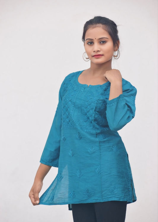 Rooh Chanderi Chikankari Short Kurti - ROYAL CHIKAN CREATION™