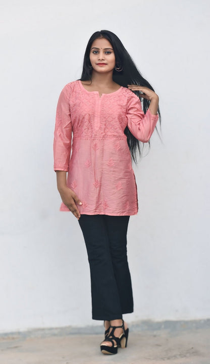 Rooh Chanderi Chikankari Short Kurti - ROYAL CHIKAN CREATION™