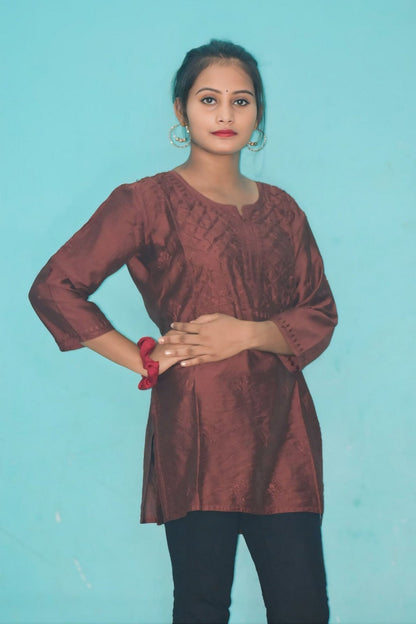 Rooh Chanderi Chikankari Short Kurti - ROYAL CHIKAN CREATION™