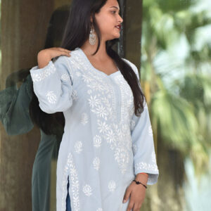 Slub Khadi Chikankari Kurti - Sky Blue